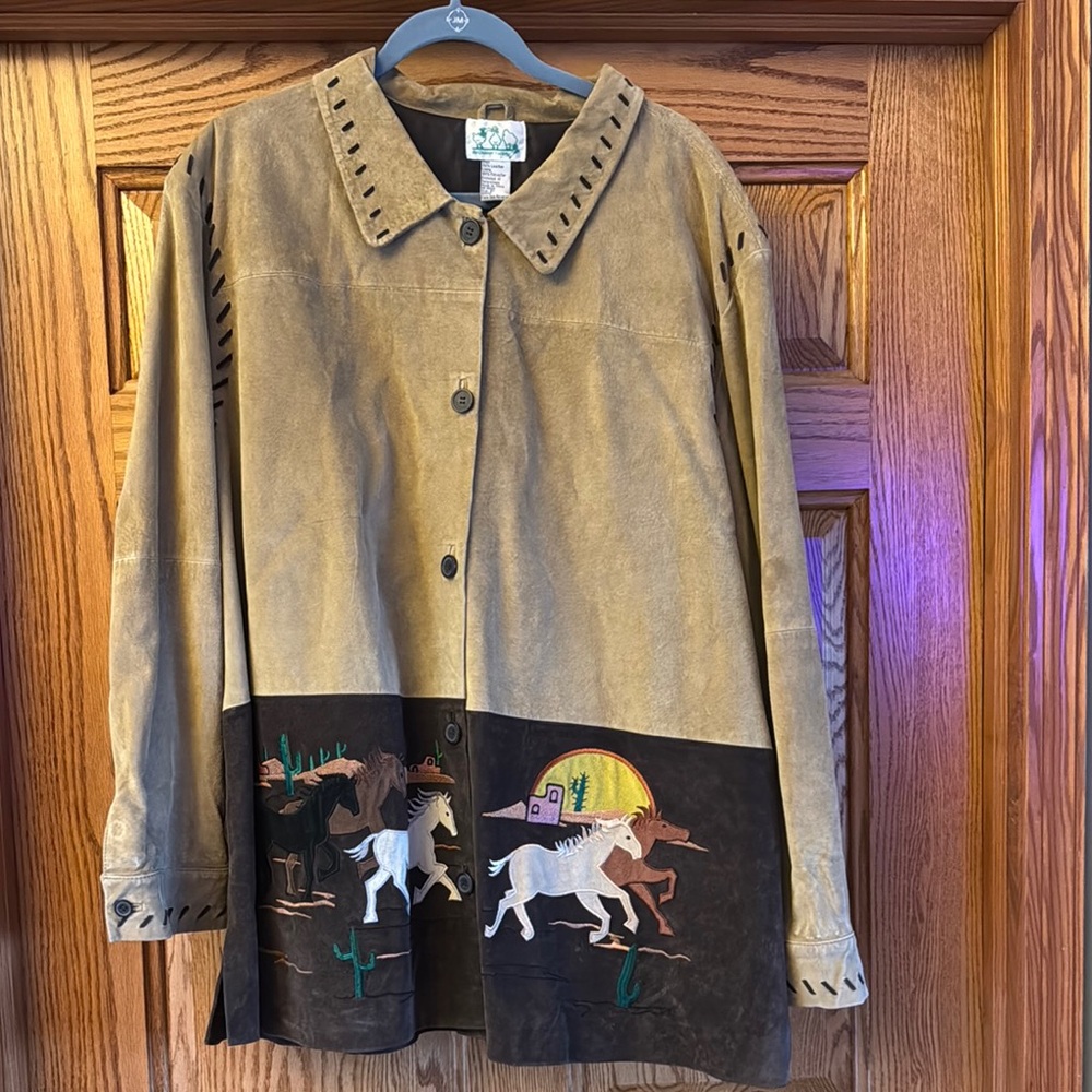 Women's Tan and Brown Embroidered Leather Jacket